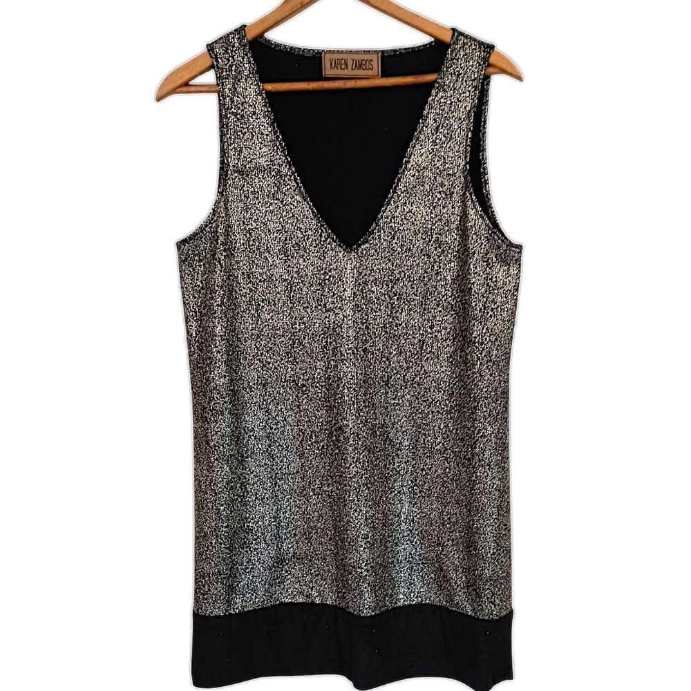 Karen Zambos Shift Dress Tunic Sz M‎ Metallic Faux Suede Trim Glittery Sparkler